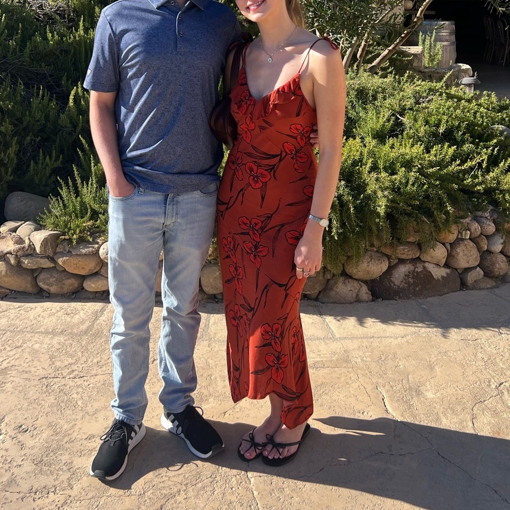 Red Anthropologie floral dress, perfect for vacation